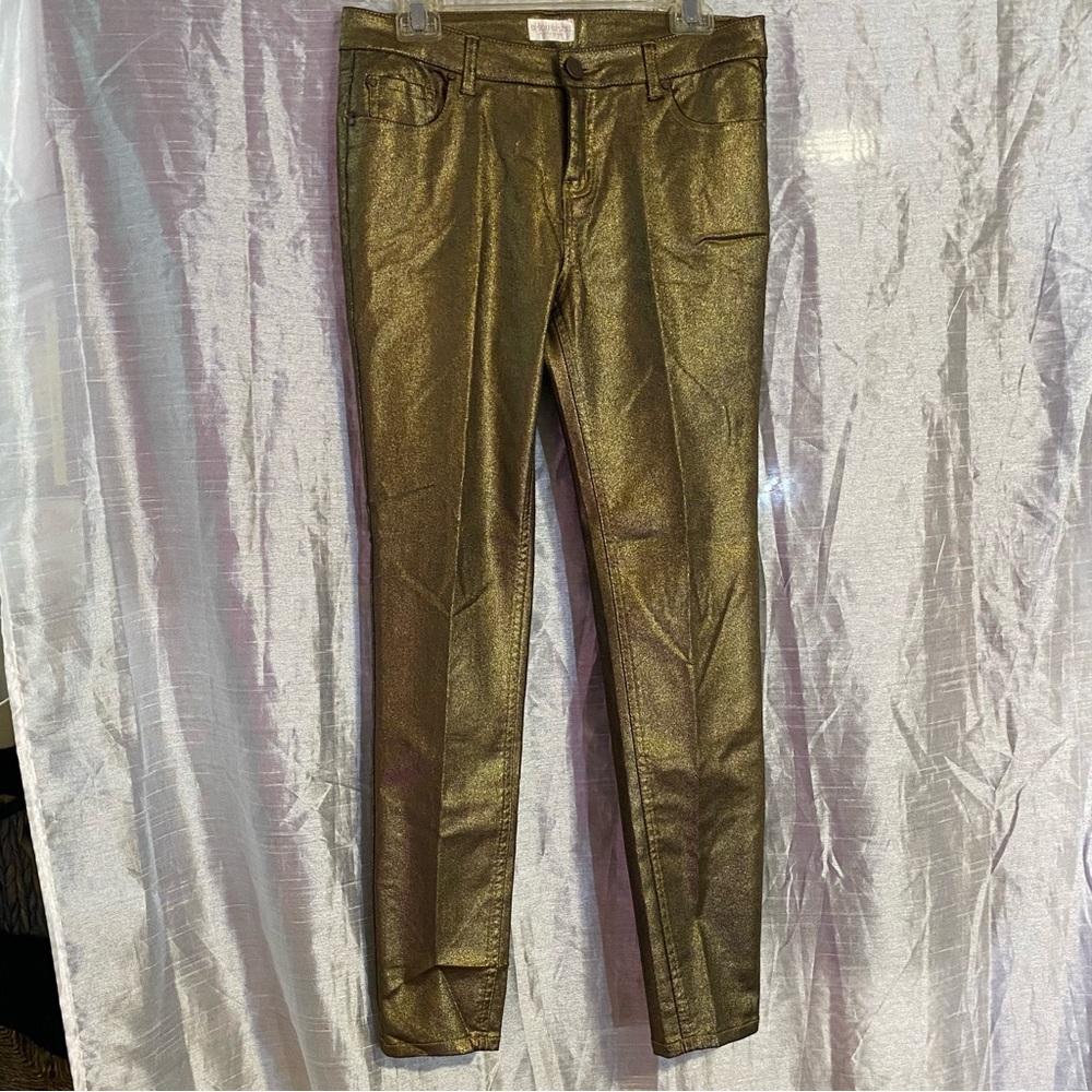 Bison Bisou stretch metallic gold jeans SZ 8, GUC, lightweight, disco style!!